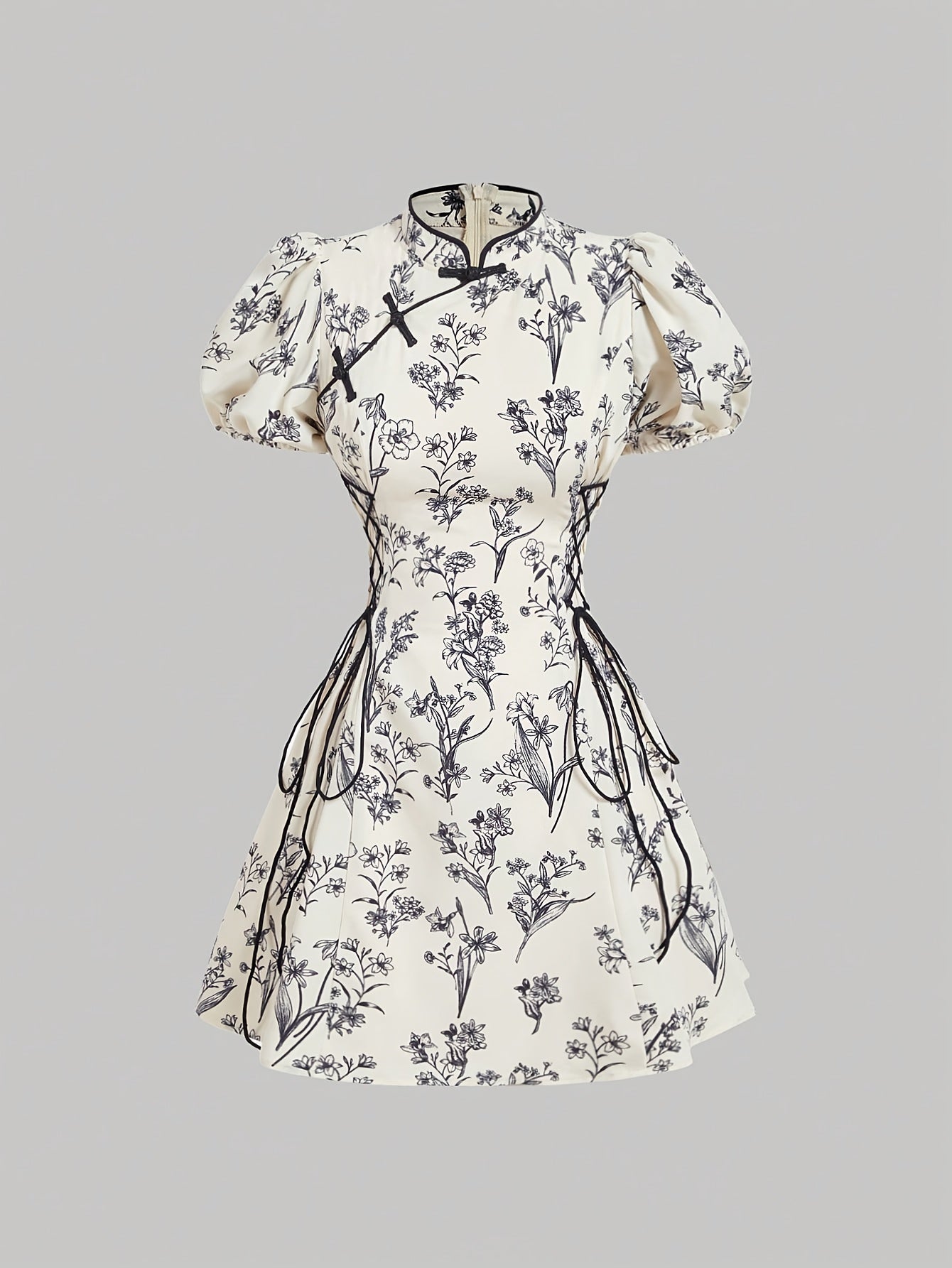 Robe courte chinoise femme – Col montant, manches bouffantes, taille cintrée, motif floral