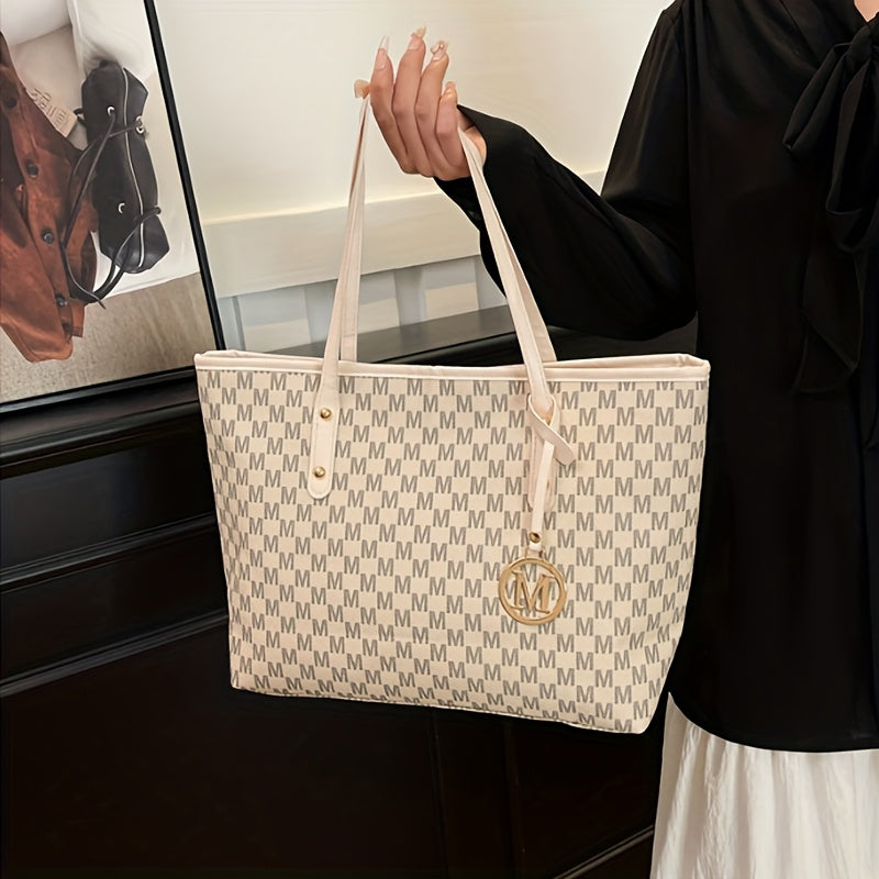 Sac à Main Femme Grande Capacité Luxe – Quincaillerie Dorée, Logo Lettre « M » et Motif Géométrique, Sac Élégant Blanc/Beige/Noir/Beige Clair, Structure Robuste, Fermeture Éclair Sécurisée, Quincaillerie Dorée
