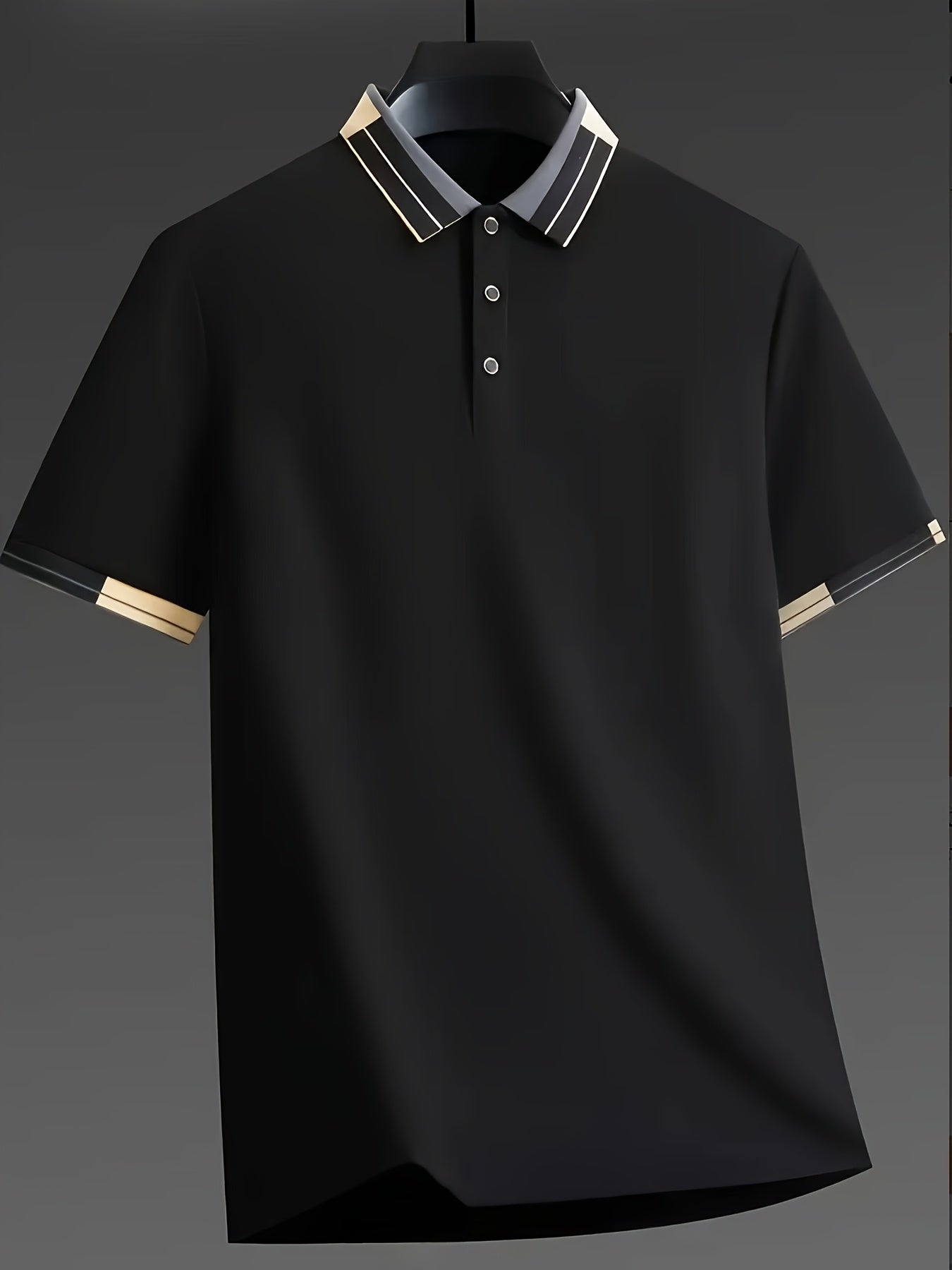 Men's Shirt - Dark Charcoal Gray with Golden Accent Collar, Soft Breathable Fabric Golf Shirt for Business, Casual, - Machine Washable Summer Button-Up Shirt for Office, Vacation, Casual Attire, Vacation Clothing, Sophisticat