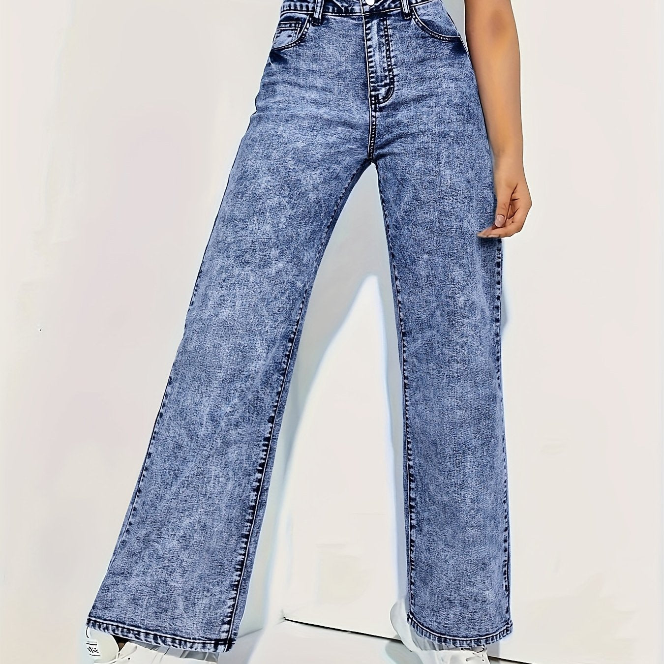 Jean droit stretch à motif flocon de neige pour femme - Denim semi-extensible avec détails usés, confort toutes saisons, pantalon décontracté et élégant lavable en machine