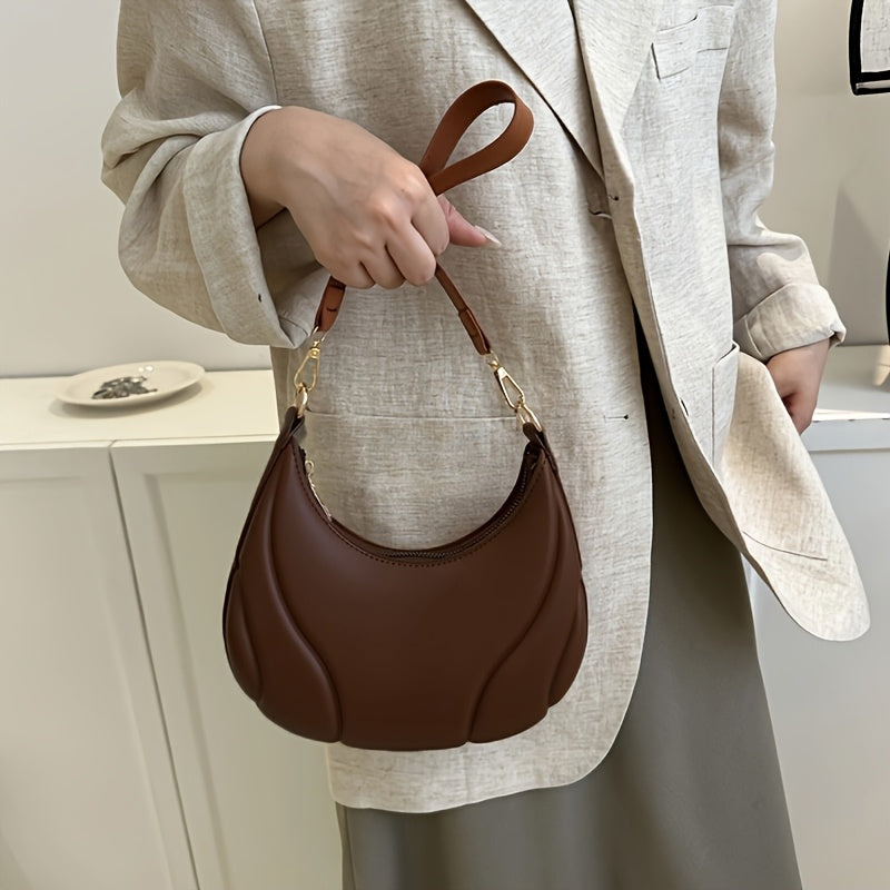 Sac bandoulière femme style français – quincaillerie dorée, sangle réglable, fermeture zippée, brun/ blanc/ noir, élégant et polyvalent pour le travail, les sorties et les voyages.