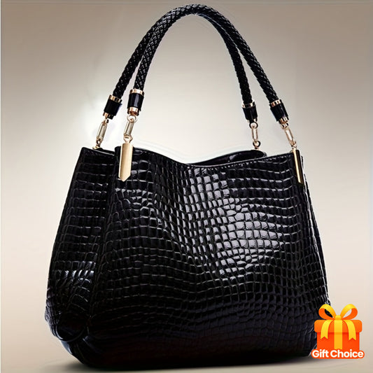 Sac bandoulière noir embossé crocodile – multi-poches, durable et élégant, parfait quotidien et voyage