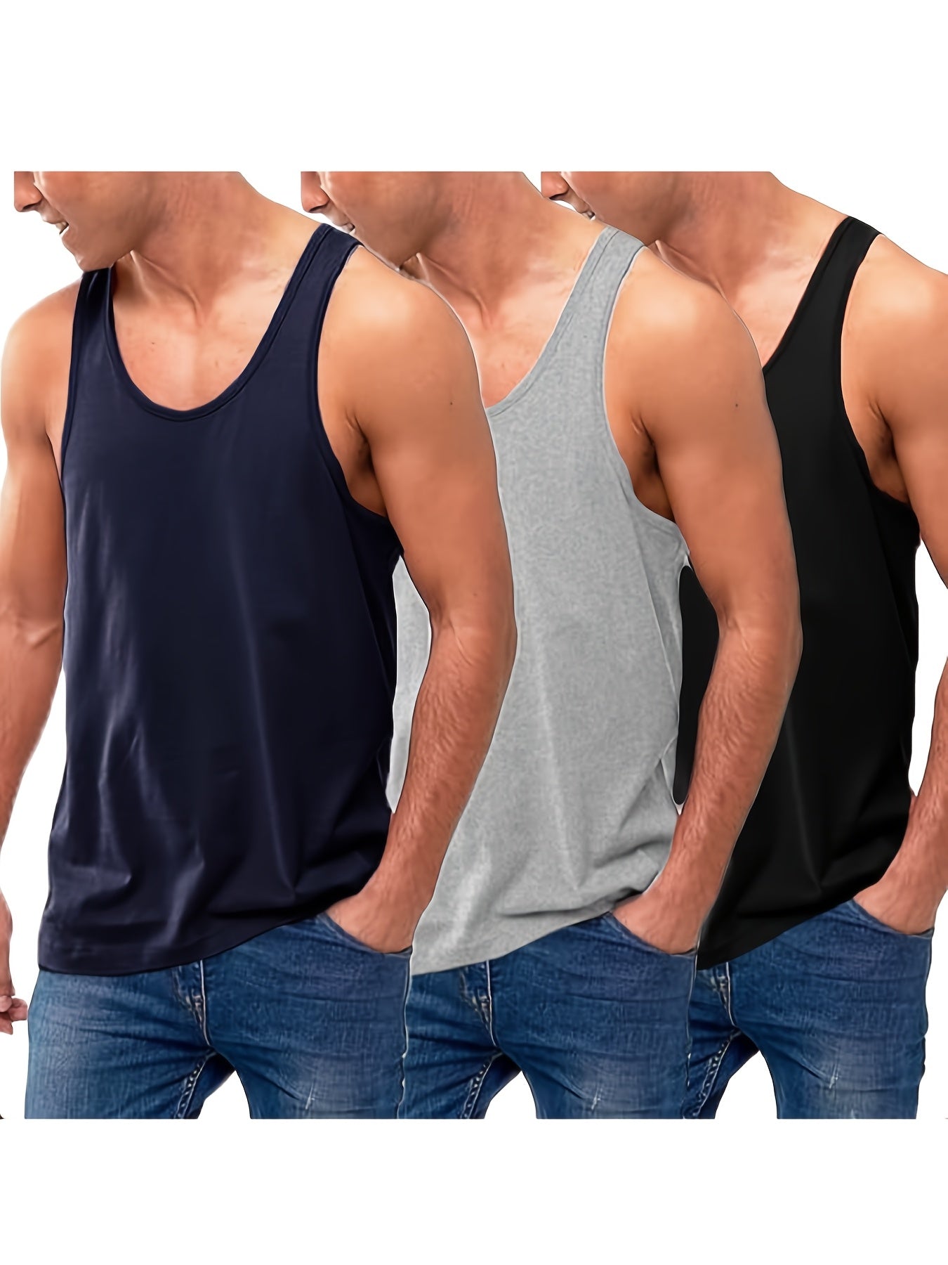 Lot de 3 Débardeurs Sport Homme Grande Taille – Polyester Respirant, Col Rond, Sans Manches, Bleu Marine, Gris Clair, Noir, Printemps/Été