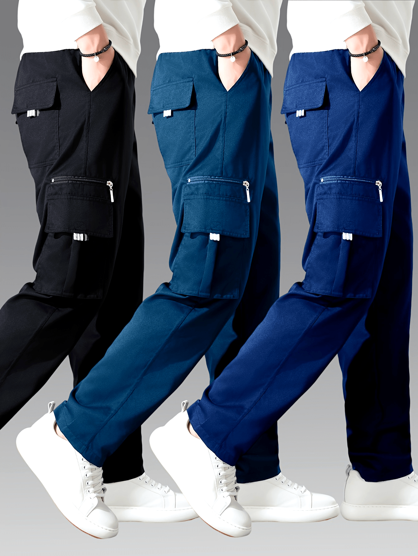 3pcs Pantalons Cargo Homme – Casual, Multipoches, Jambe Droite, Polyester, Regular Fit