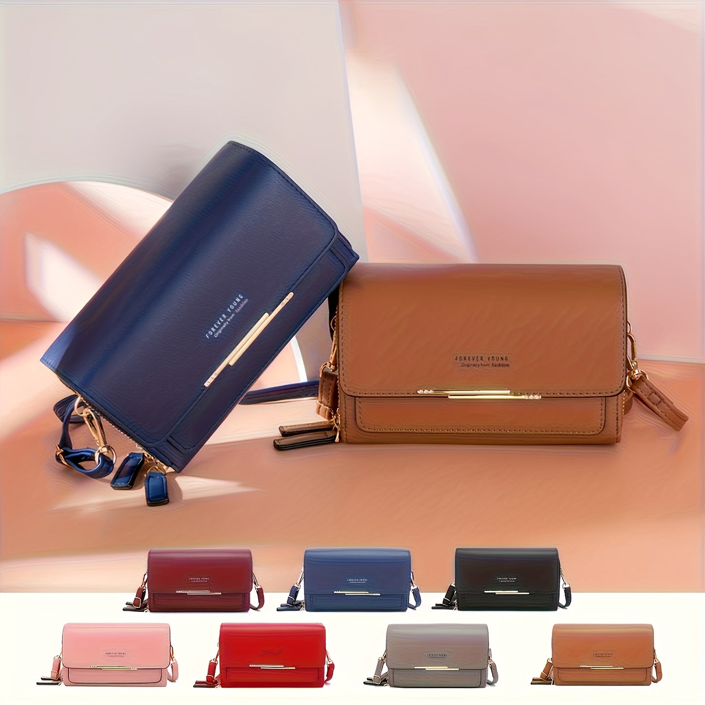 Sac à main pour femmes – Porte-monnaie, porte-cartes et téléphone, 9 couleurs au choix, couleur unie, protection RFID, bandoulière réglable