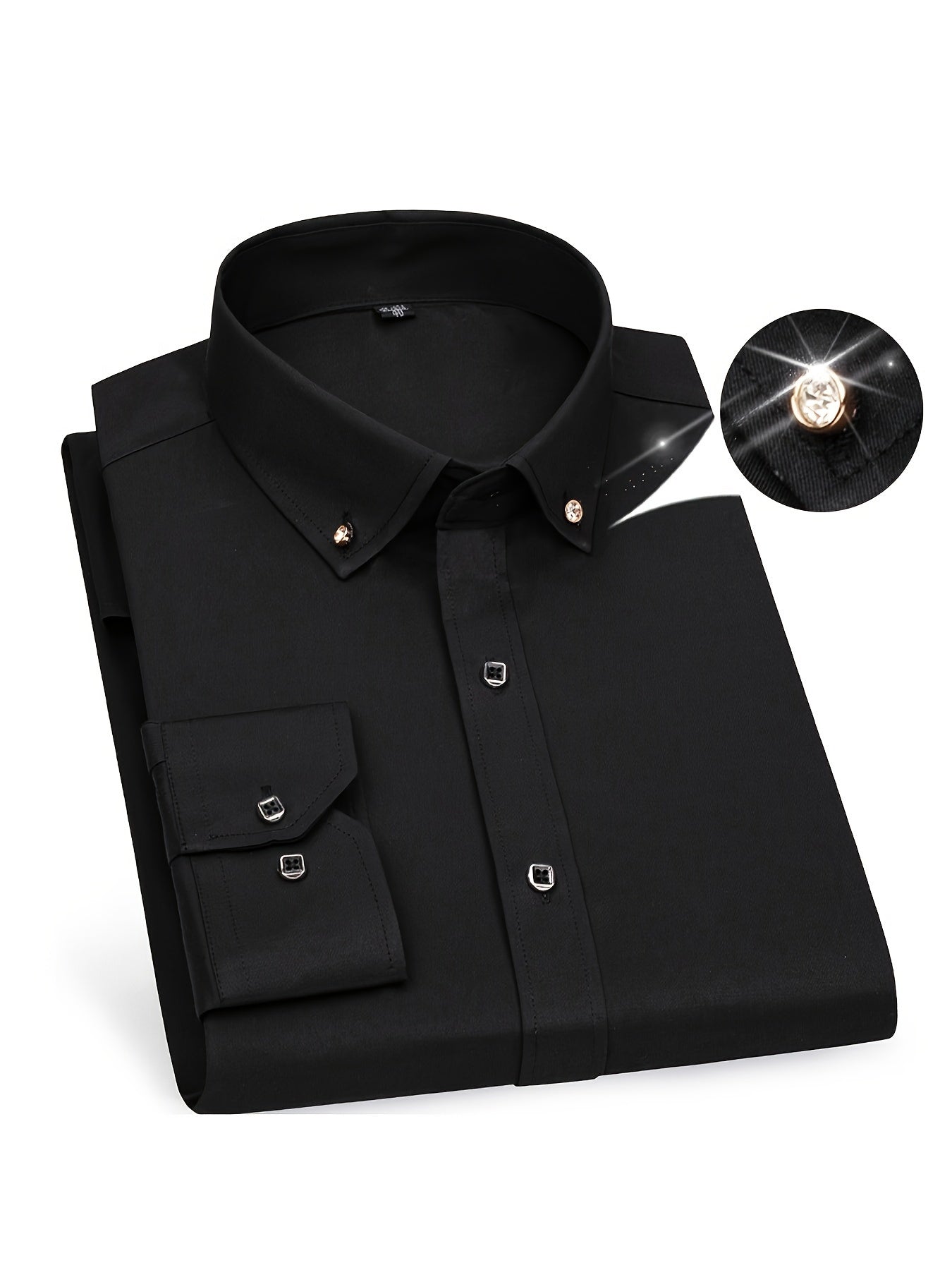 Spring and Autumn Long-Sleeve Shirt for Men, Stylish Business Casual Wrinkle-Resistant Dress Shirt with Diamond Buttons, Regular Fit Solid Color