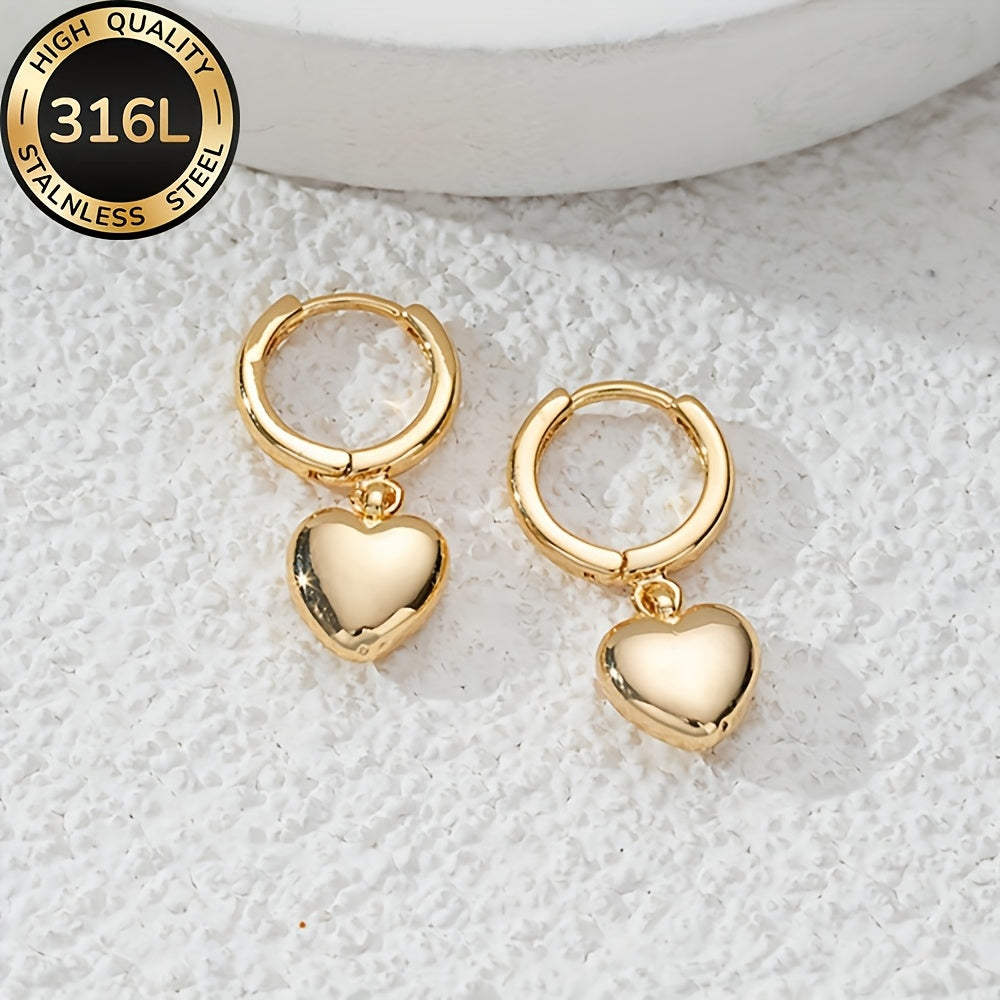 Boucles d’oreilles cœur en acier inoxydable de haute qualité, plaqué or, hypoallergéniques et résistantes à la décoloration, simples et élégantes, parfaites pour usage quotidien ou soirées, cadeau délicat pour femme