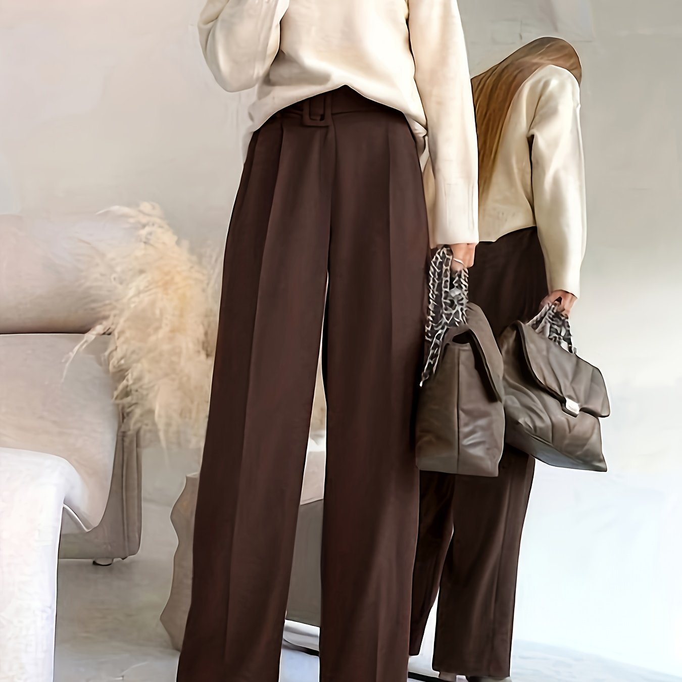 Pantalon Femme Élégant Jambe Droite – Polyester, Ceinturé, Couleur Unie, Confortable, Bureau et Décontracté, Printemps/Automne