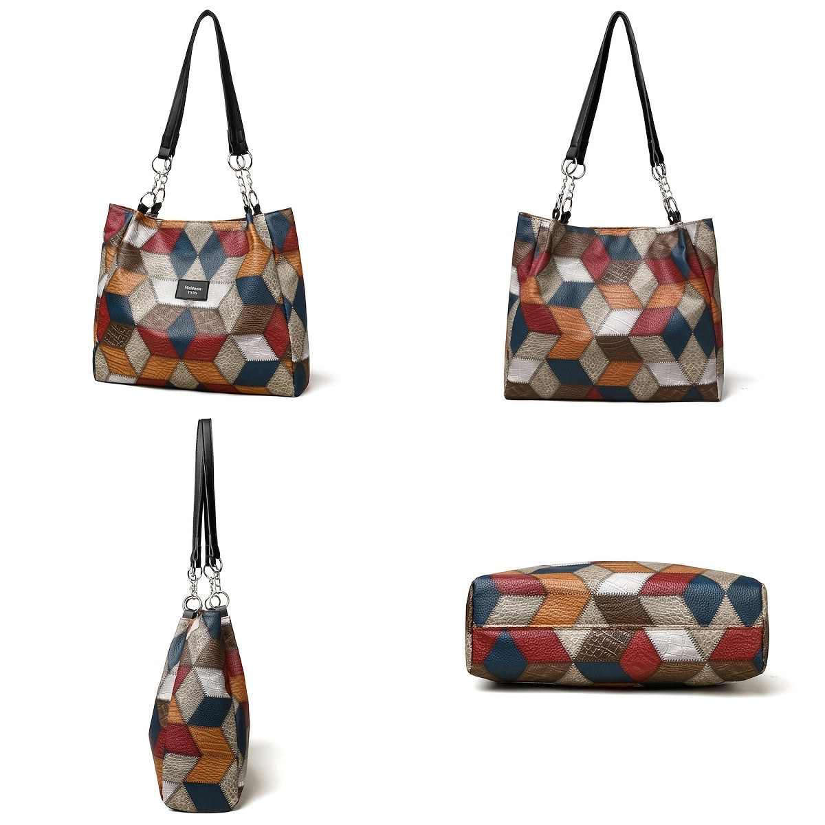 Grand sac fourre-tout pour femmes – motif géométrique à carreaux, multicolore, fermeture zippée, bandoulière fixe, parfait voyage et usage quotidien