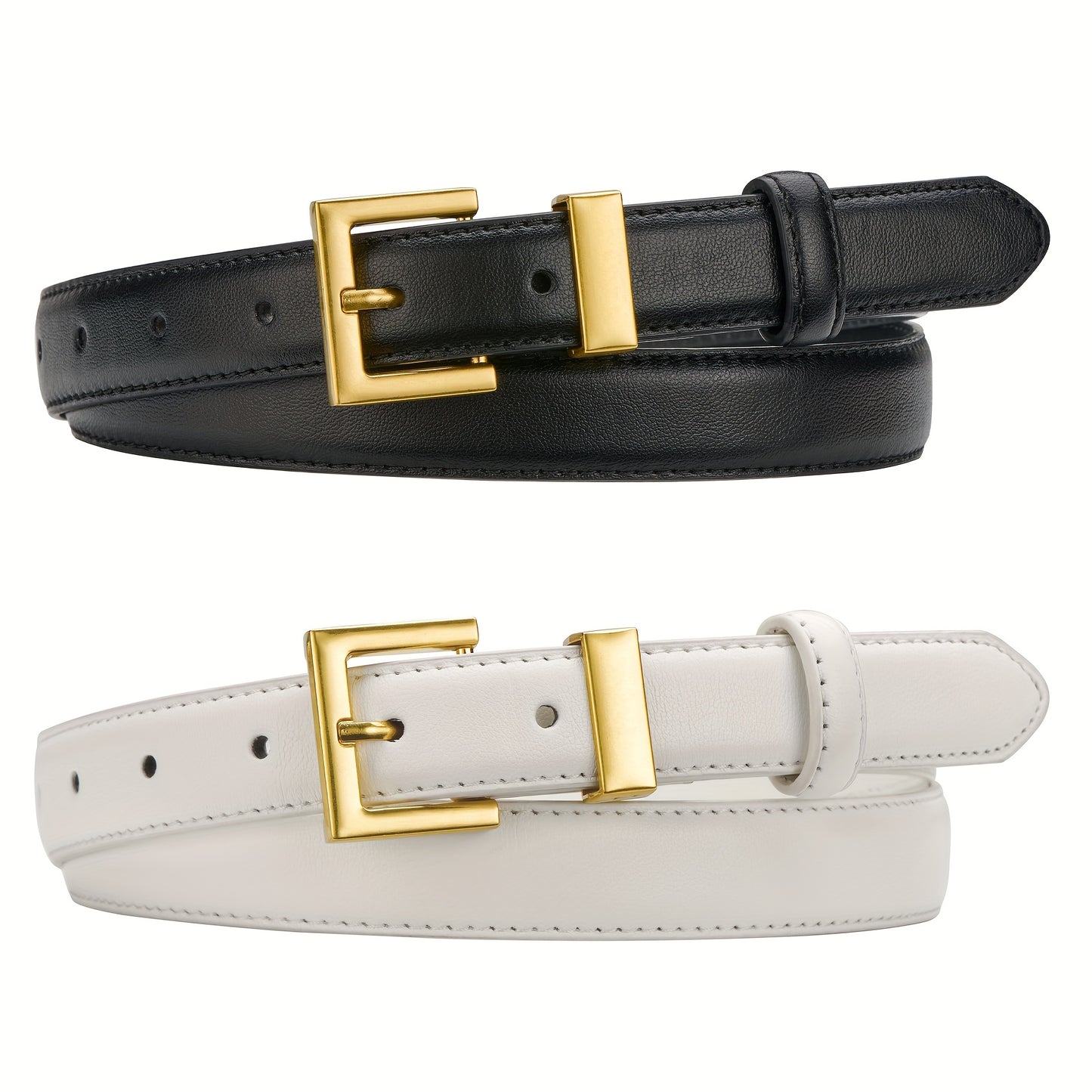 Lot de 2 ceintures pour femmes – Style décontracté, légère, tissage non textile, boucle carrée dorée