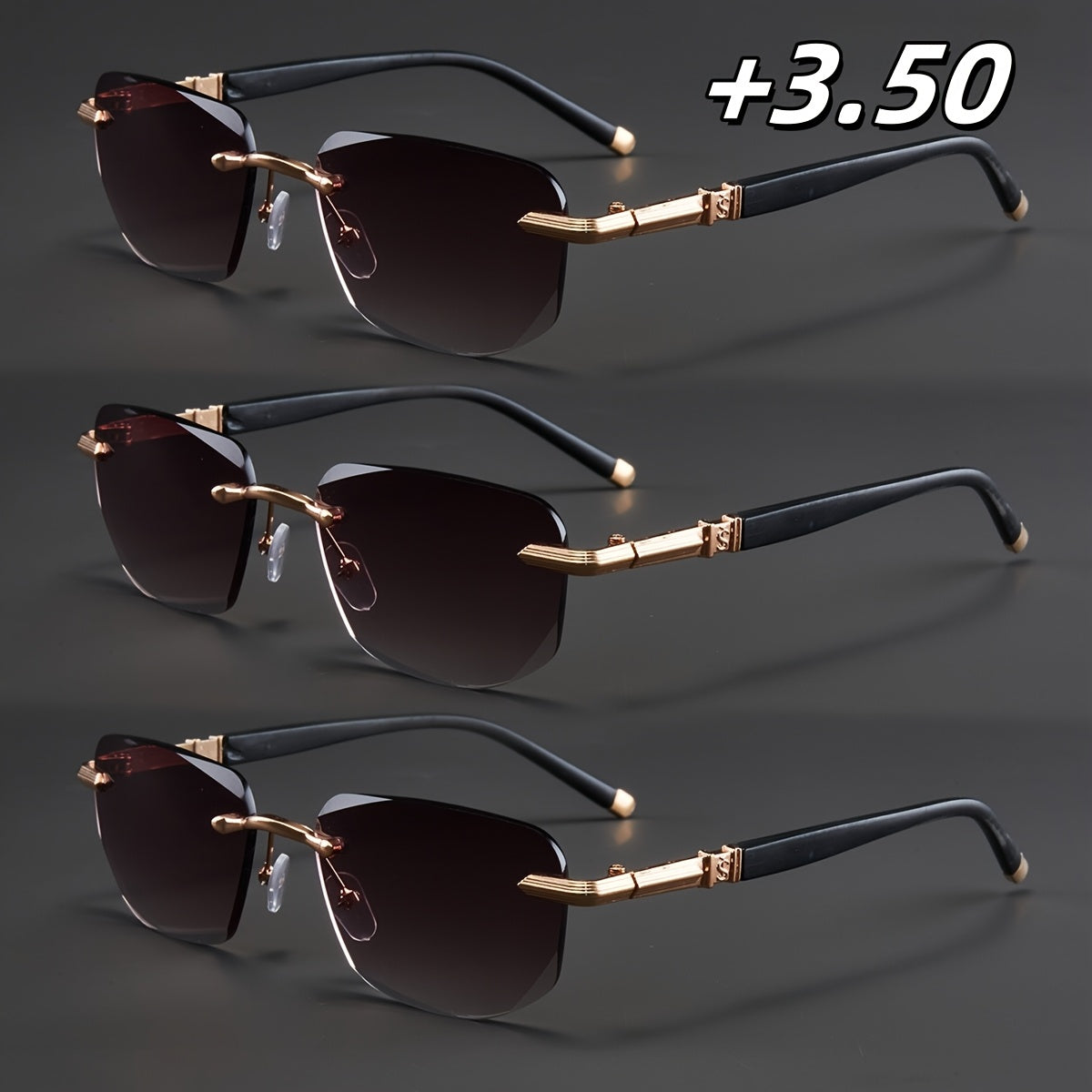 3-Pack, Stylish Men's Frameless Reading Glasses, Elegant Metal Frame, Options: 100, 150, 200, 250, 300, 350, 400 Degrees,christmas Gifts