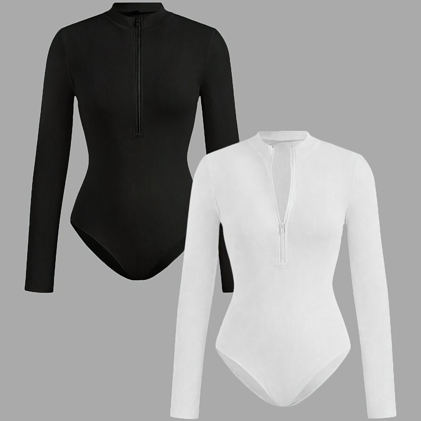 Ensemble 2 pièces – Bodysuits Slim Fit à Manches Longues, Col Montant zippé, Noir et Blanc