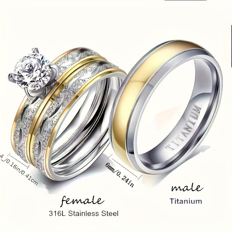 3pcs Couple Ring Set (2pcs/Set for Women + 1pc for Men) Stylish -Plated Stainless Steel Rings for Women And Stainless Steel Ring for Men, Perfect Gift for Christmas, Valentine'S Day, And Wedding Anniversaries.