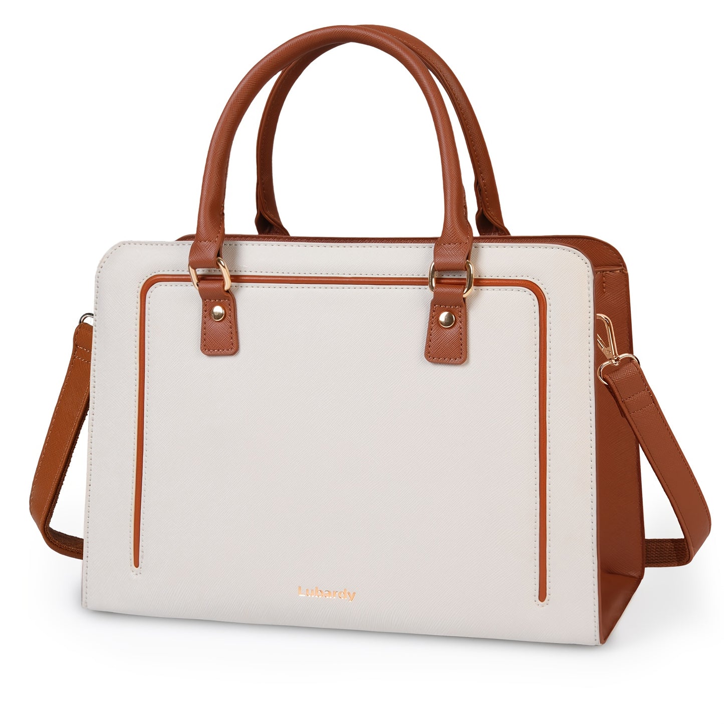 Sac fourre-tout élégant Lubardy pour femmes en simili cuir synthétique, bandoulière amovible et réglable, fermeture éclair et doublure polyester – Blanc/Noir/Marron, polyvalent pour travail, voyage, sorties et usage quotidien