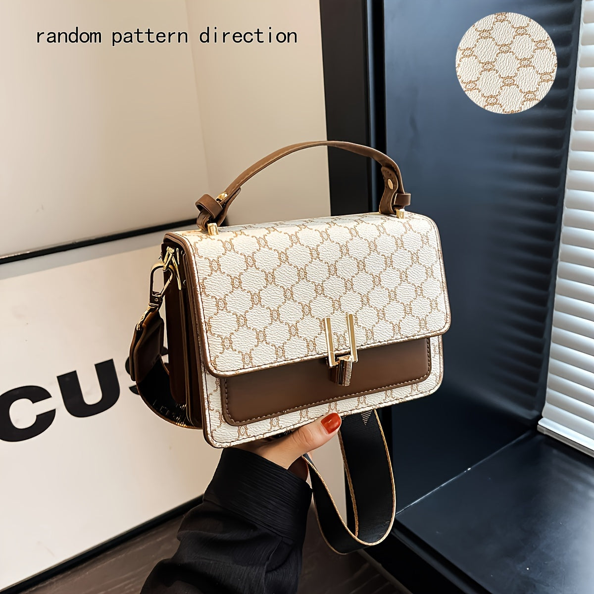 Sac élégant pour femmes – grande capacité, motif géométrique, simili cuir, bandoulière large et amovible, accessoires dorés, sac bandoulière polyvalent pour occasions casual et formelles