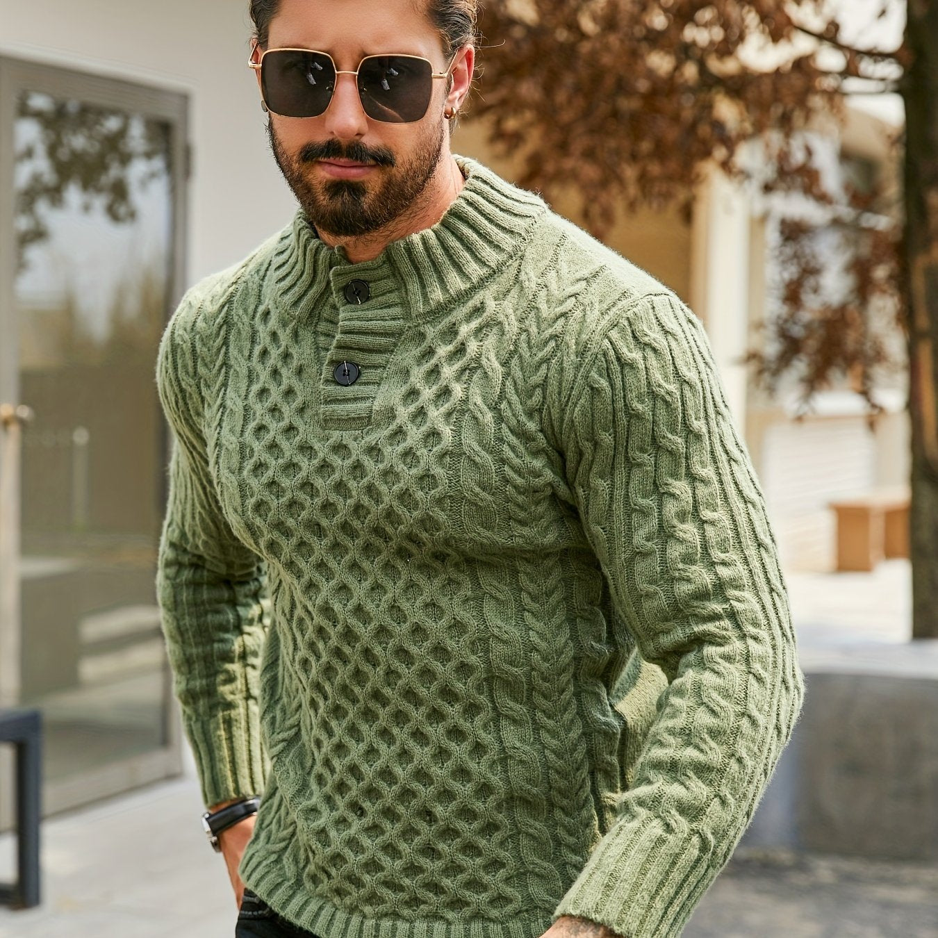 Men's Thermal Stand Collar Cable Knit Sweater - Striped H-Shape Regular Fit Pullover, Machine Washable Winter Sweater with Ribbed Detailing for Autumn & Winter, Knit Sweater, Medium Elasticity Fabric