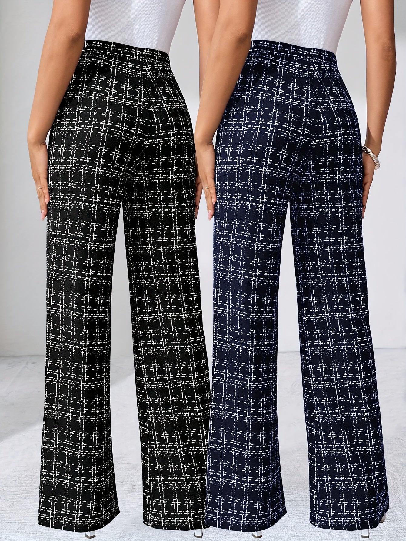 Lot de 2 Pantalons Femme Décontractés – Motif À Carreaux, Jambe Droite, Printemps/Été/Automne