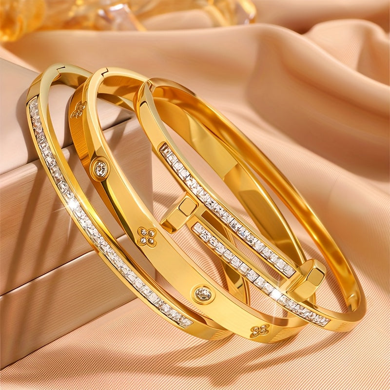 Lot de 3 bracelets en acier inoxydable de luxe léger, sertis de zircon synthétique, design exquis et classique, polyvalents, adaptés à toutes les occasions