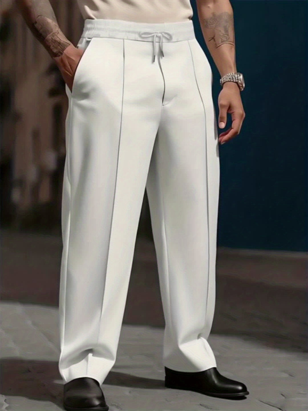 Pantalons Homme Lourds – Jambe Droite, Formels & Business, Blanc, Anti-Rides, Tout Saison