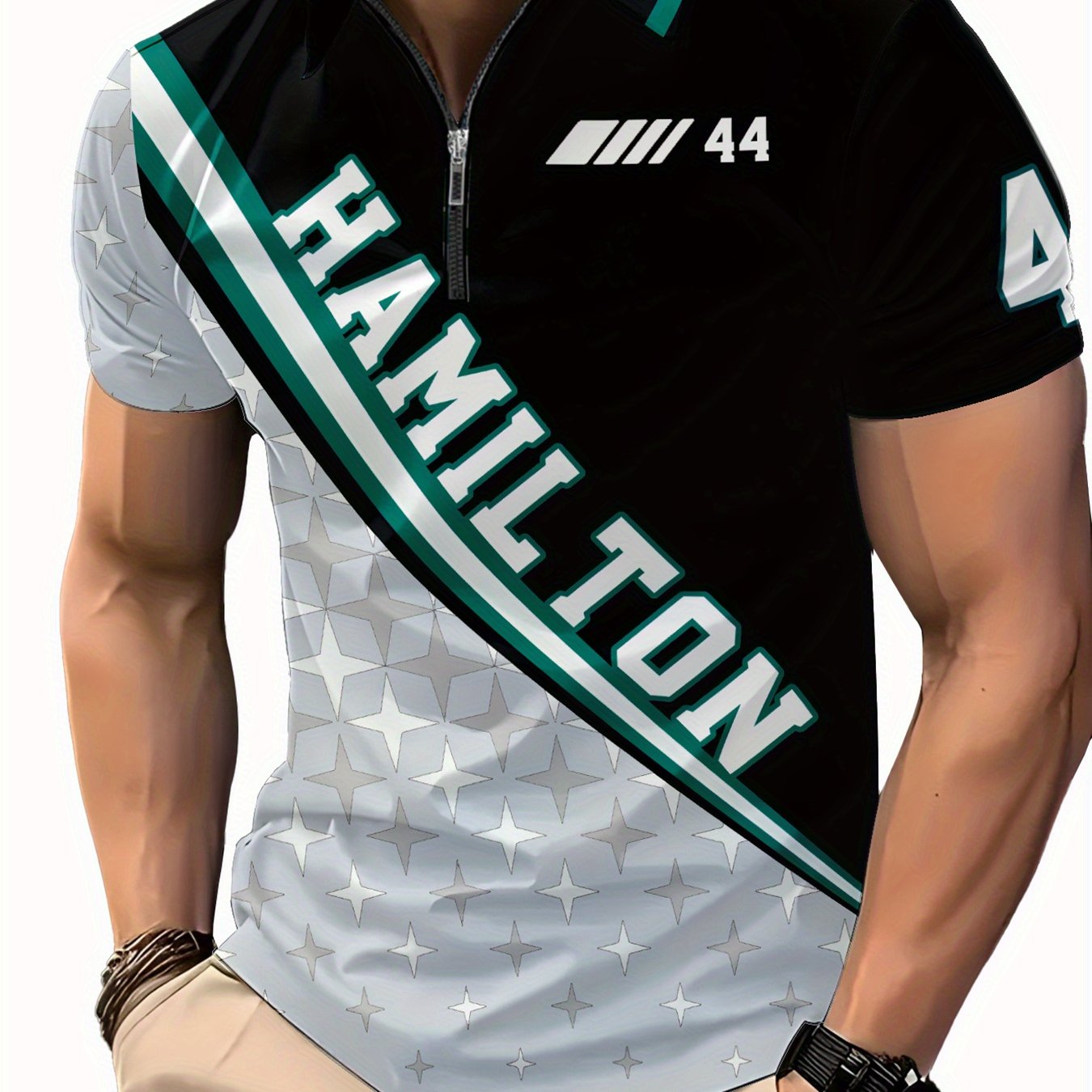 Men's 3D Digital Print Racing Shirt - Summer Short Sleeve with Zipper Collar, Striped Design & Bold '44' Graphic, Breathable Machine-Washable Fabric for Casual & Sporty Style, Summer Outfit, Comfortable Fit