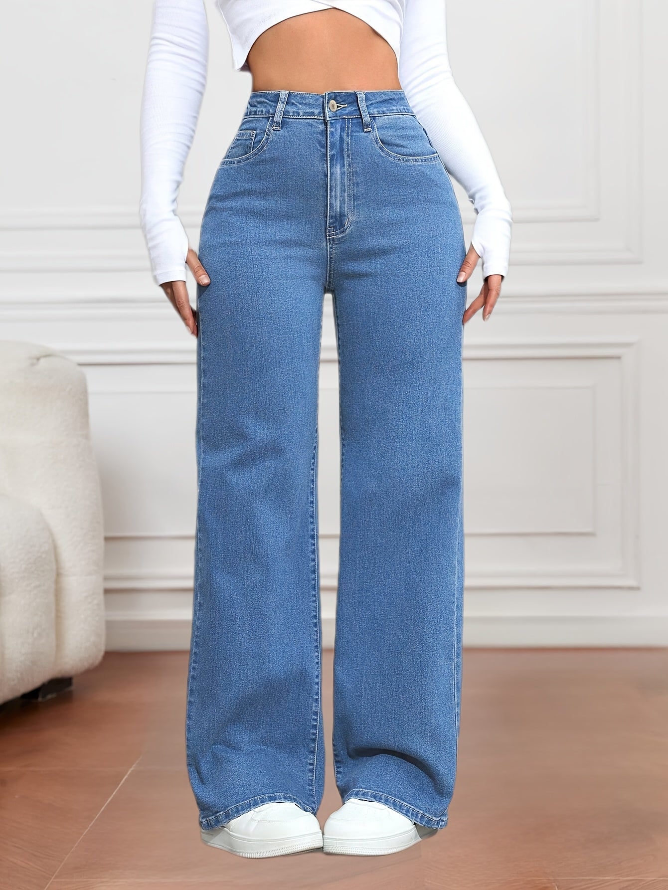 Jeans femme bleu à jambes larges – décontracté, denim extensible, fermeture à boutons, confort toutes saisons, tenue décontractée | jeans larges | tissu tissé