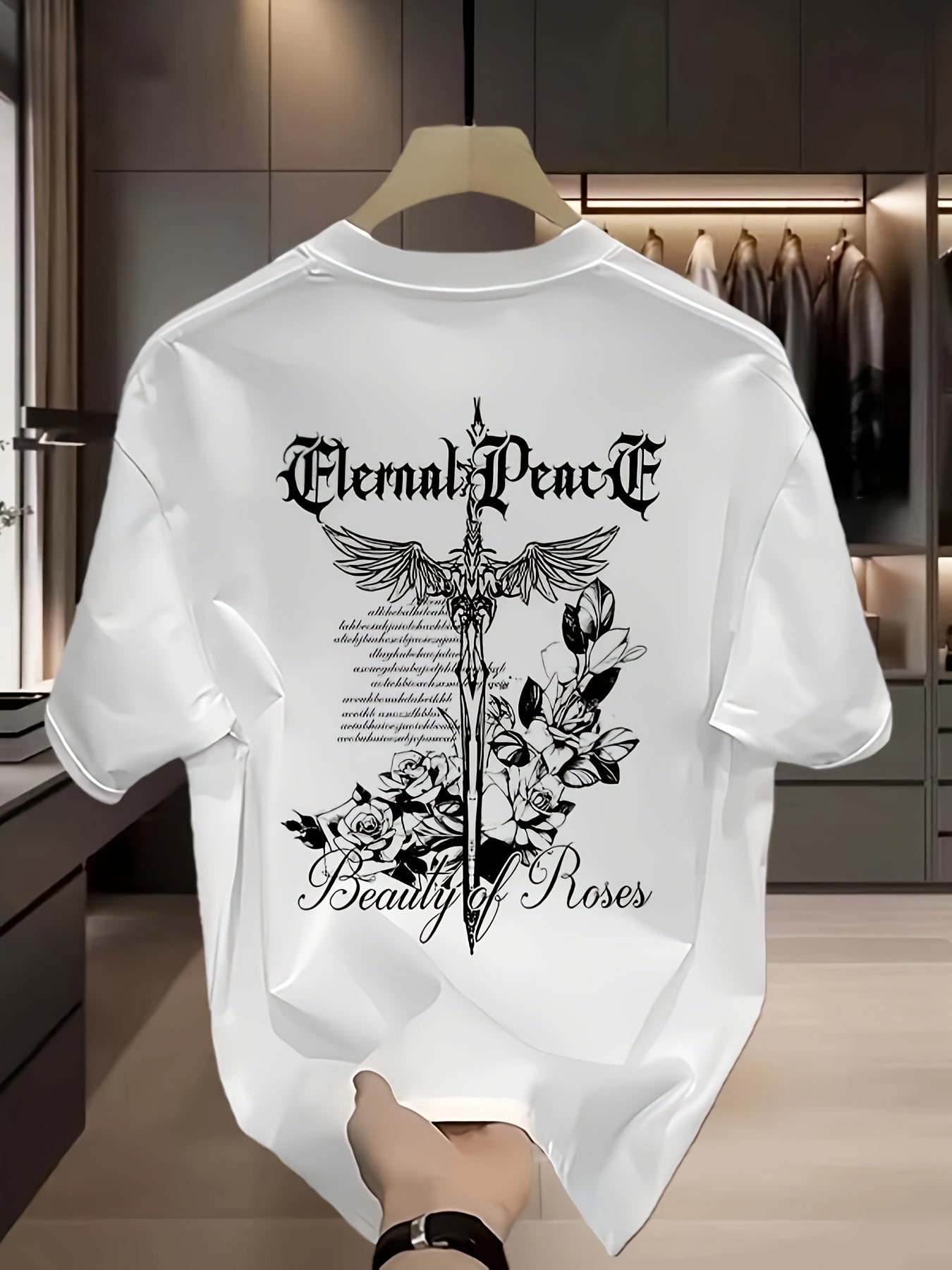 Men's Heavyweight 100% Cotton Graphic T-Shirt - Gothic "Eternal Peace" & "Beauty of Roses" Print, Black Regular Fit Short Sleeve Summer Casual Top, Plus Size Breathable Tee for Casual Attire, Floral Wolf Design, Soft Texture