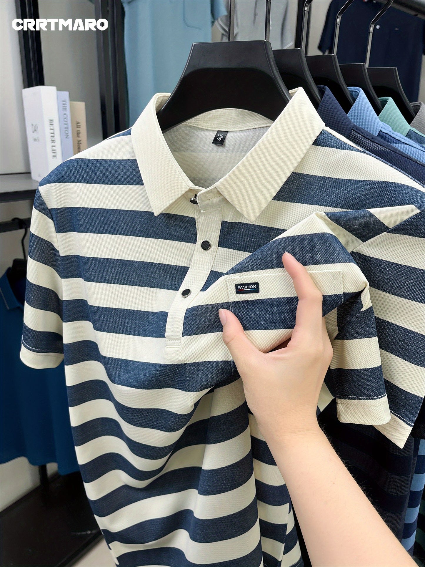 Men'S CRRTMARO Summer Striped Short Sleeve Polo Shirt with Chest Pockets - Casual, Button-Up, Regular Fit, Slight Stretch Fabric, Ideal for Hot Weather, Casual Summer Wear|Striped Pattern|Polyester Fabric