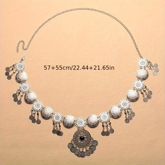 Ceinture chaîne taille Boho Chic à pièces et glands – Accessoire de danse du ventre en métal bohème vintage pour femmes, design circulaire complexe, parfaite pour sorties décontractées, fêtes et festivals