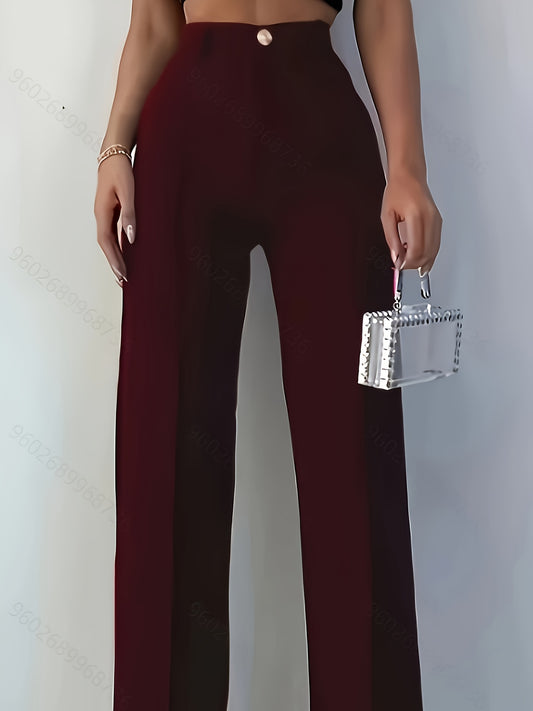 Pantalon Femme Couleur Unie – Taille Haute, Jambe Droite, Ceinture Élastique avec Boutons, Confortable et Extensible, Bureau et Décontracté