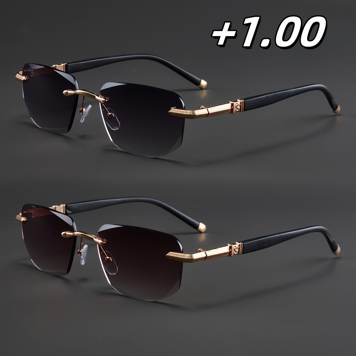 Two Pairs, Bundled Set, Stylish, Men'S, Exquisite, Luxurious, Rimless, Beveled Edge, Reading Glasses, Metal Frame, Options: 100, 150, 200, 250, 300, 350, And 400 Degrees, Without Battery, Christmas Gifts