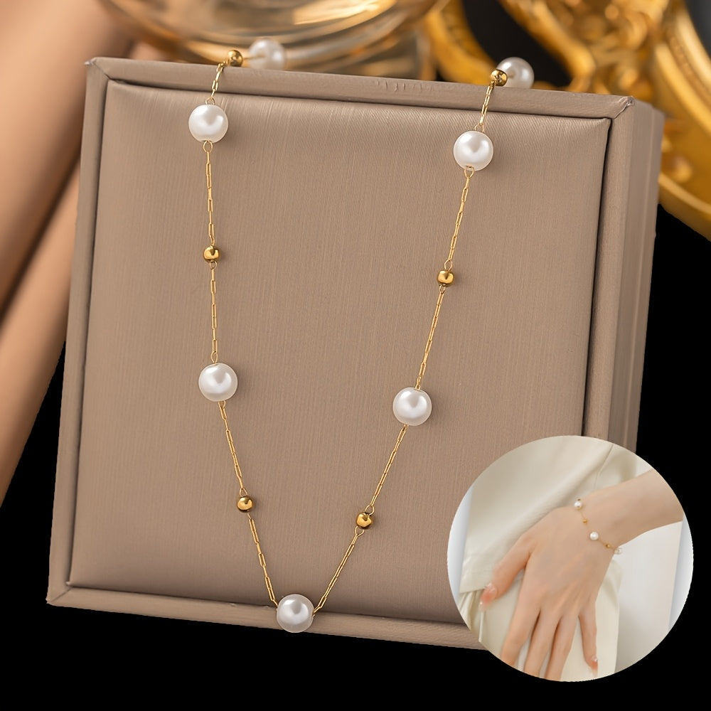Ensemble de 2 pièces en acier inoxydable pour femme, collier et bracelet à perles, bijou polyvalent pour mariages, soirées et anniversaires, parfait comme cadeau d’anniversaire, léger et élégant