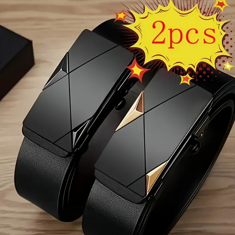 Ceinture Homme à Boucle Automatique – 1 ou 2 pcs, Motif Géométrique Noir et Doré, Style Formel et Décontracté, Cuir Synthétique, Fermeture Simple, Parfaite pour Mariage, Soirée et Usage Quotidien, Accessoire Luxe Minimaliste