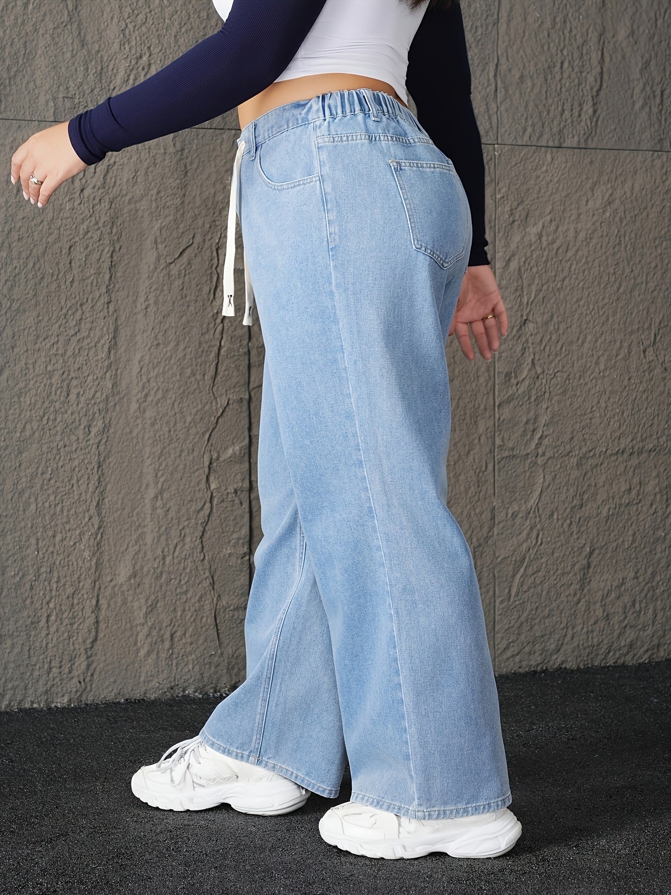 Jeans Femme Grande Taille Taille Haute Jambe Large Non Extensible Ceinture Cordon Toute Saison Polyvalent