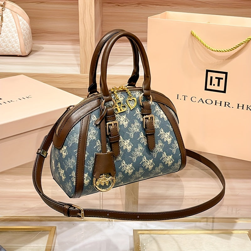 Sac à main vintage à imprimé carrosse pour femme – forme coquillage, bandoulière amovible, motif animal bleu en PVC, doublure polyester, fermeture zippée, élégant cadeau pour maman.