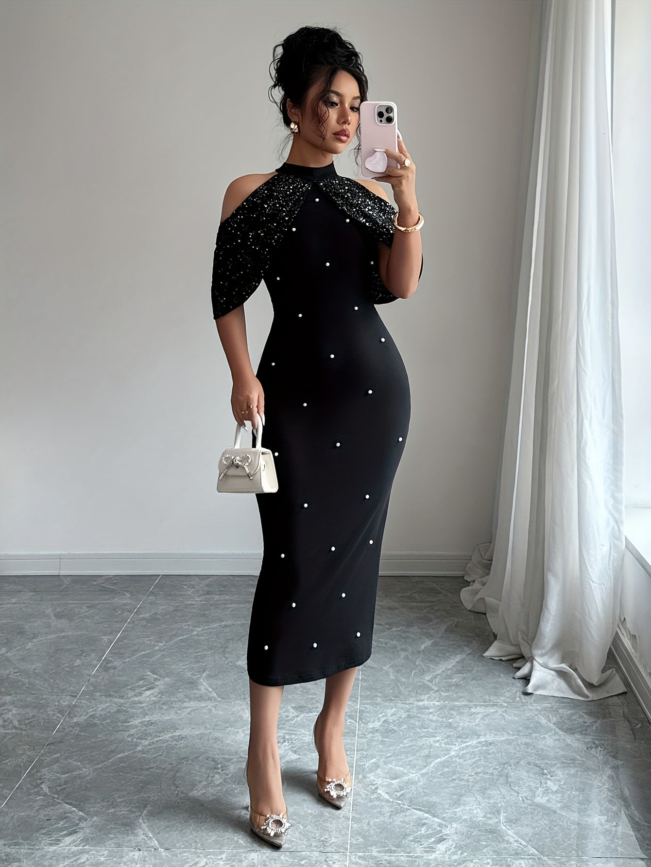 Pearl Bodycon Dress | Off-Shoulder Sequins + Back Cutout, an Elegant Evening Gown.