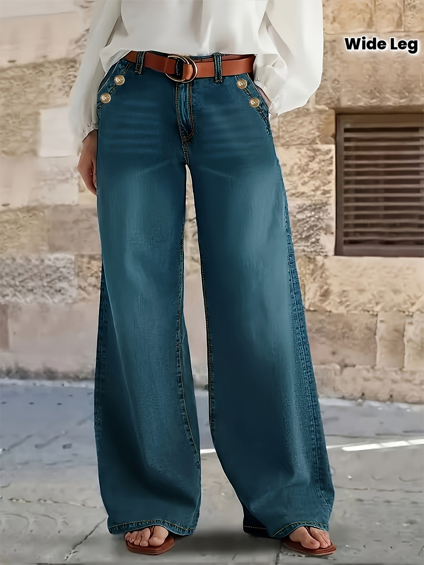 Jeans Femme Élégant Jambe Large Taille Mi-Haute Sans Ceinture Boutons Poches Durables Extensible Toute Saison Décontracté et Professionnel Bleu Lavable