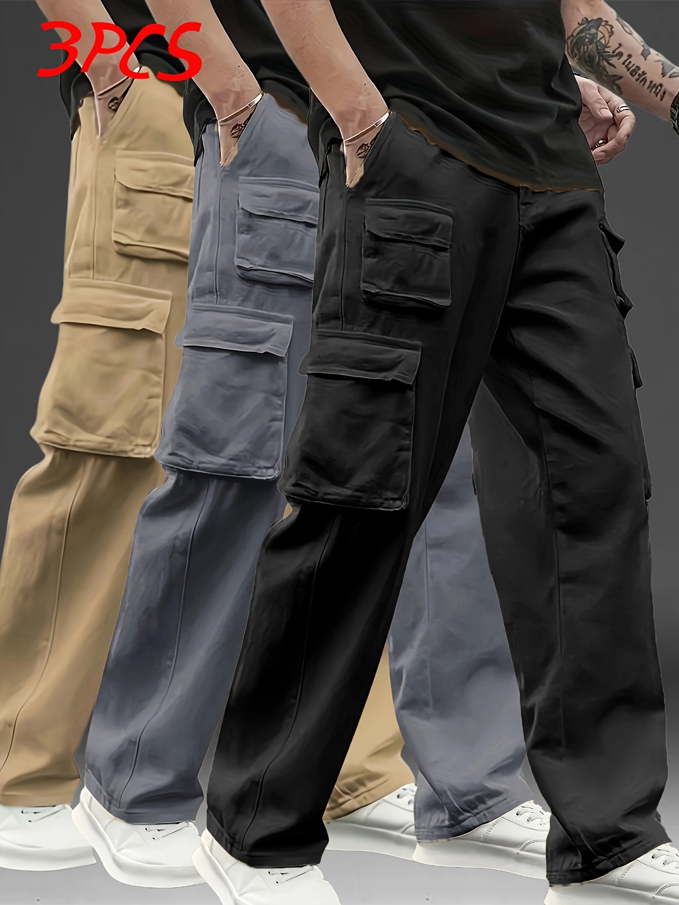 3pcs Pantalons Cargo Homme – Multipoches, Loose Fit, Durable, Casual & Outdoor