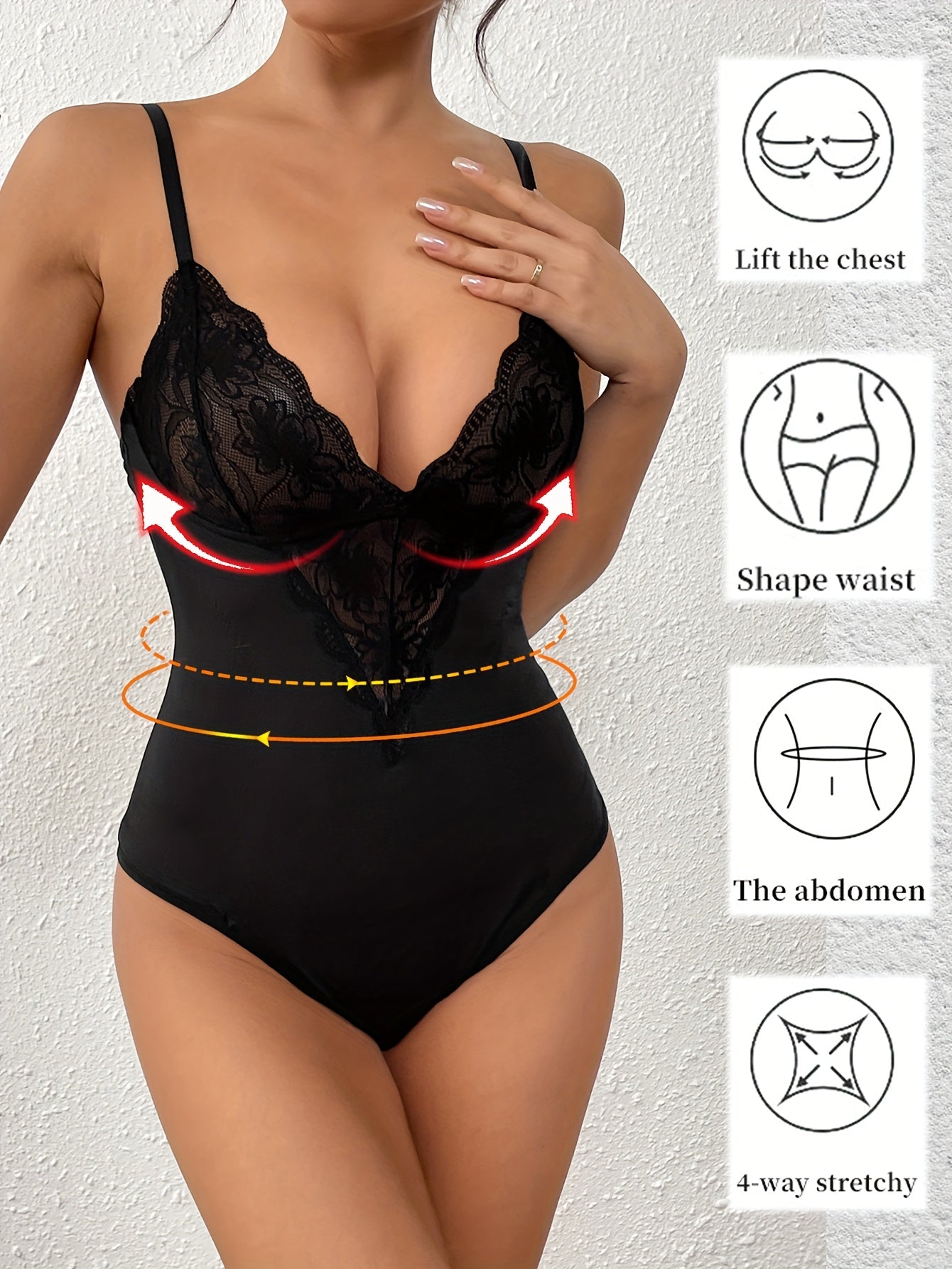 Body sexy femme en dentelle avec décolleté profond en V, détails ajourés et bretelles réglables. Fermeture à boutons-pression pour un confort optimal. Lingerie élégante et galbante, disponible aussi en grande taille