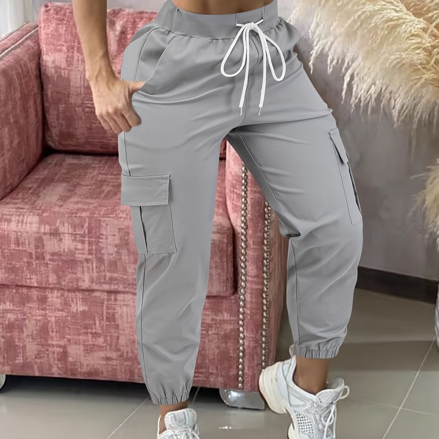 Pantalon Cargo Femme Décontracté – Beige, Taille à Cordon, Multiples Poches, Ourlet Effiloché, Tous Saisons