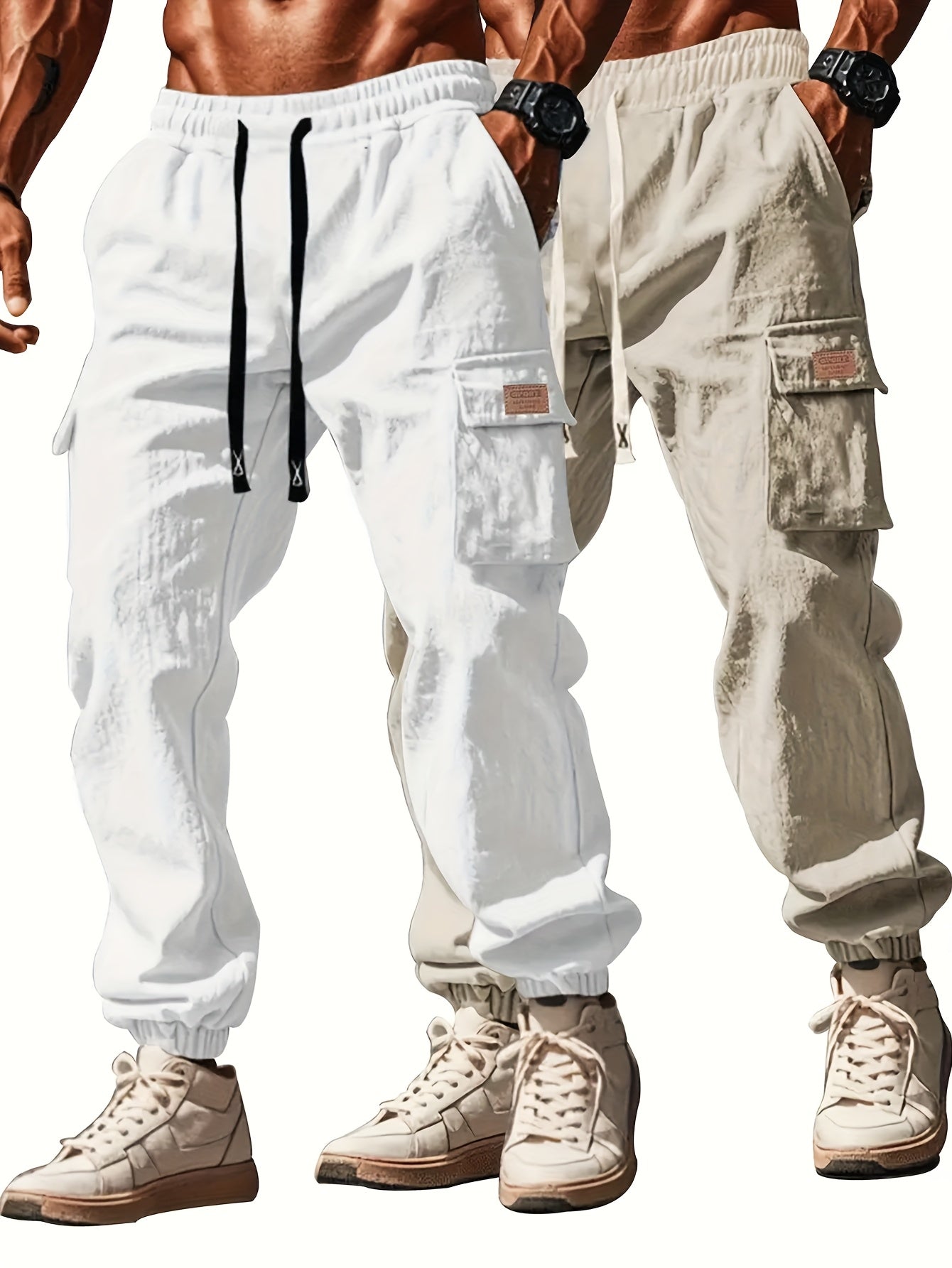 Pantalons de travail robustes pour homme (2 pièces) – cargos complets à multiples poches utilitaires, taille à cordon, coton non extensible, coupe ample (noir et vert olive)