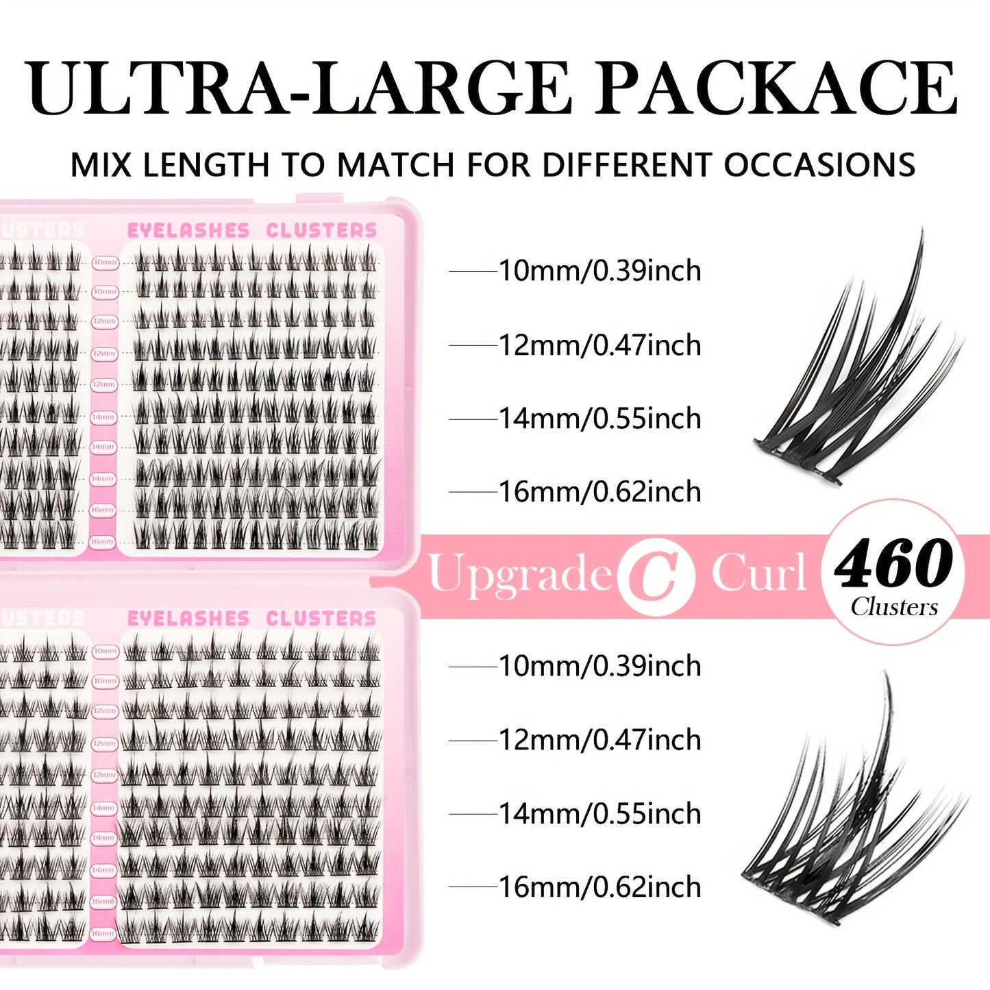 Lot de 460 Touffes de Faux Cils DIY – 2 Types de Poils, Longueurs Mixtes 10-16 mm, Cils Auto-Adhésifs Courbés, Style Cartoon, Réutilisables