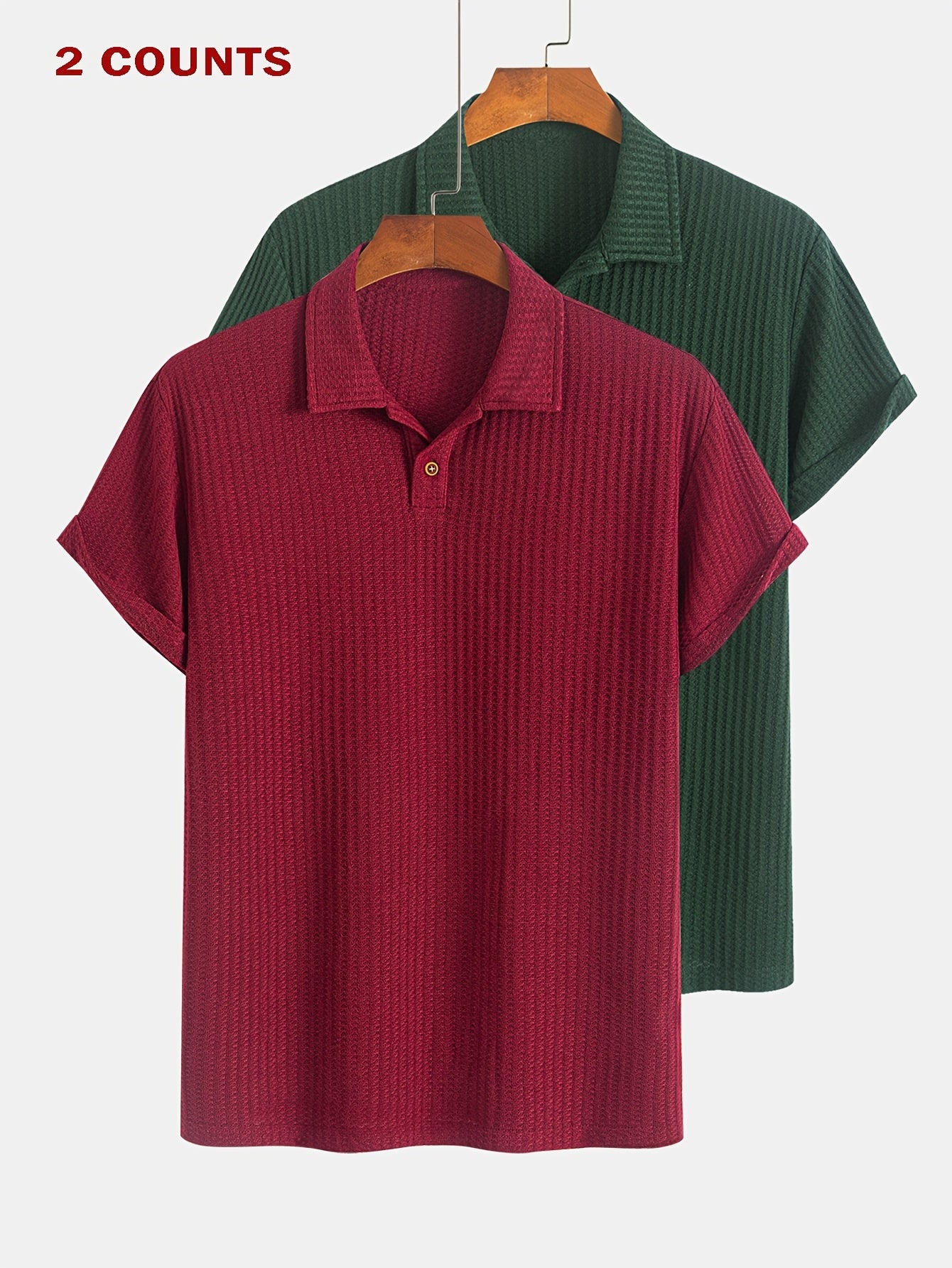 Two Pieces of Summer Casual Sports Jacquard Knit Short-Sleeve Polo Shirts, a Set of Two Jacquard Textured Short-Sleeve Polo Tops.
