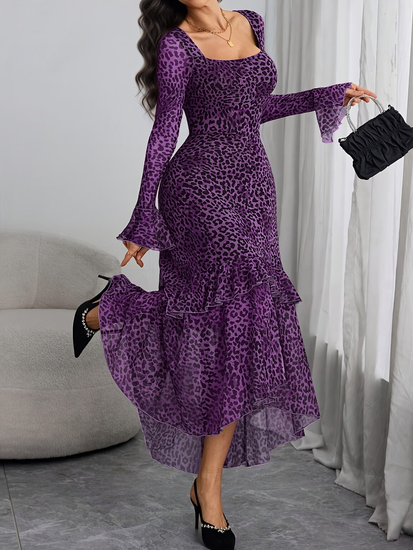 Robe Sirène Élégante Femme – Imprimé Léopard Violet, Manches Bouffantes Évasées, Traîne, Col Carré, Silhouette H-Line, Idéale Soirées, Mariages et Événements Formels, Lavable en Machine