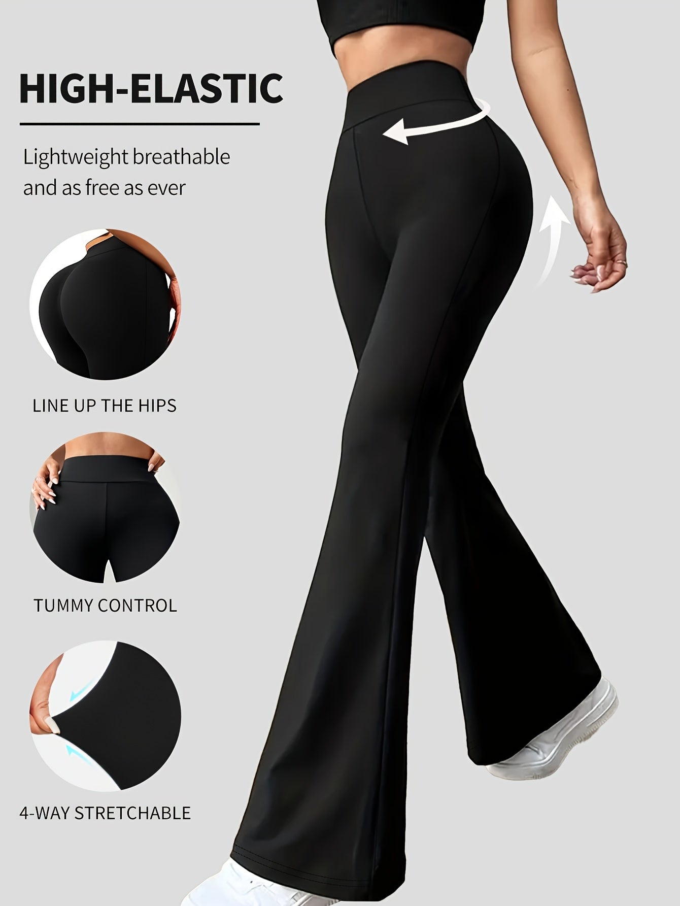 Pantalon Femme Taille Haute Évasé – Legging Extensible avec Contrôle du Ventre, Noir