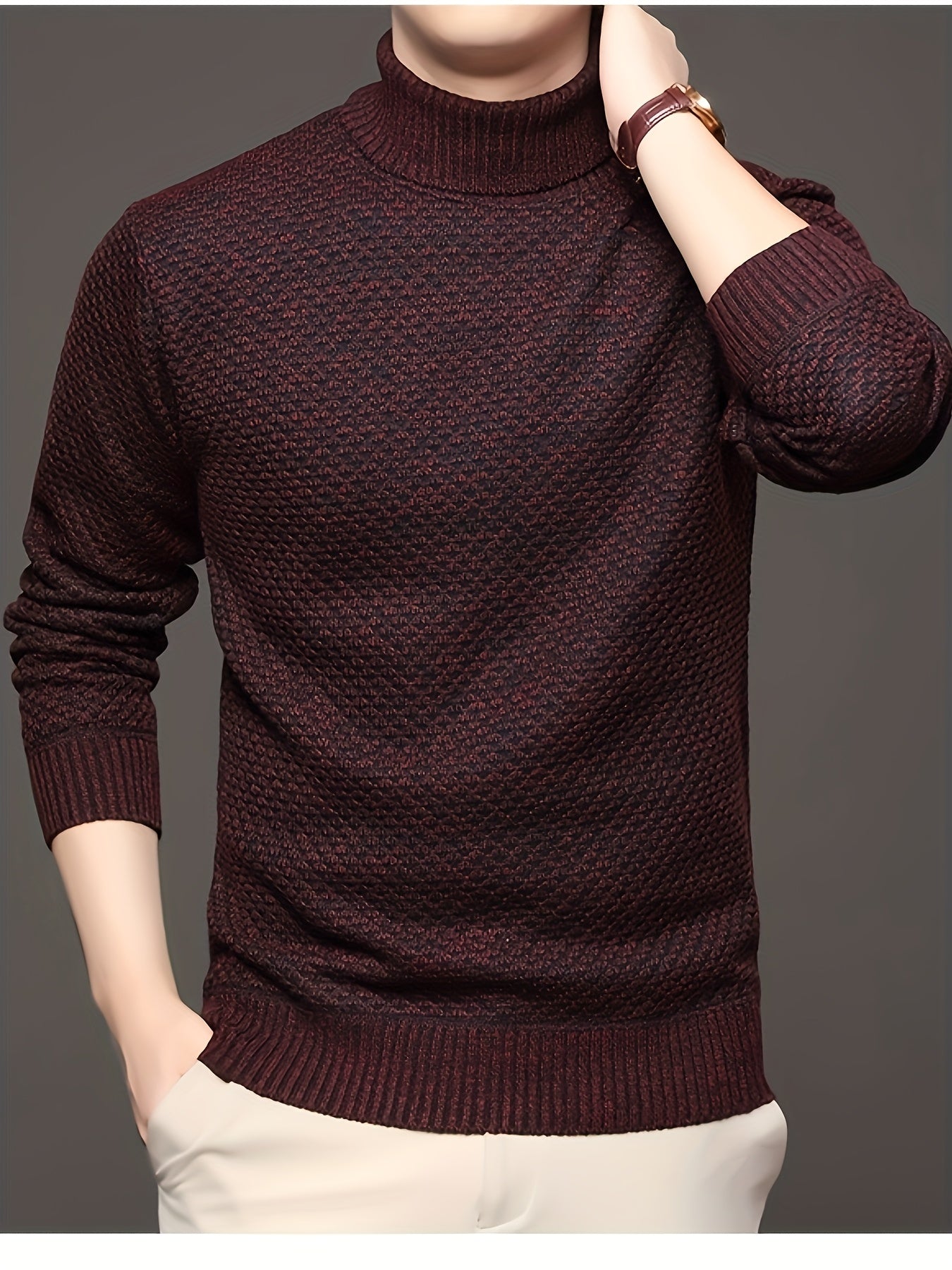 Men'S Autumn Jacquard Knit Sweater with a High Collar, Stylish And Fleece-Lined.