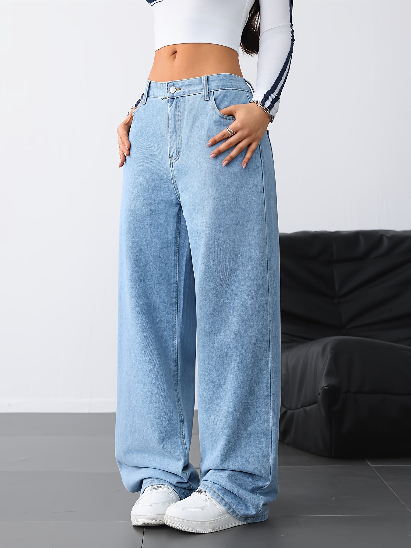 Jeans Femme Jambe Droite Bleu Clair Denim Effet Usé Non Extensible Toute Saison Décontracté Streetwear