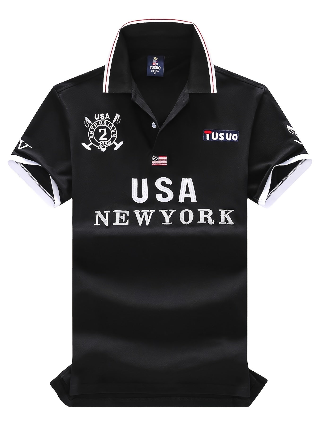 TS Men's Plus Size Slim-Fit Short Sleeve Shirt - 3D USA & New York Lettering Embellishment, Breathable Pure Cotton, Black with White Contrast Collar & Stripe, All-Season Casual & Semi-Formal Wear, Machine Washable Luxury Men'