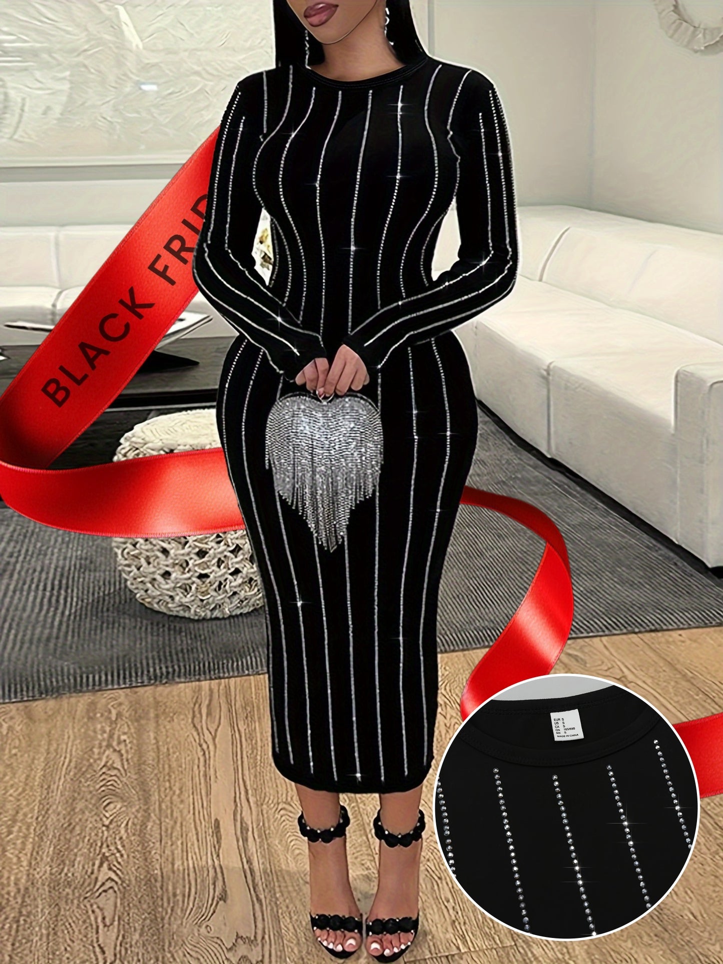 Women's Striped Bodycon Dress Suitable for - Sparkling Rhinestone Round Neck Strapless-able (Strapless Compatible) Dress, Spring/Fall Wedding Guest Dress, Hand Washable Moderate Stretch