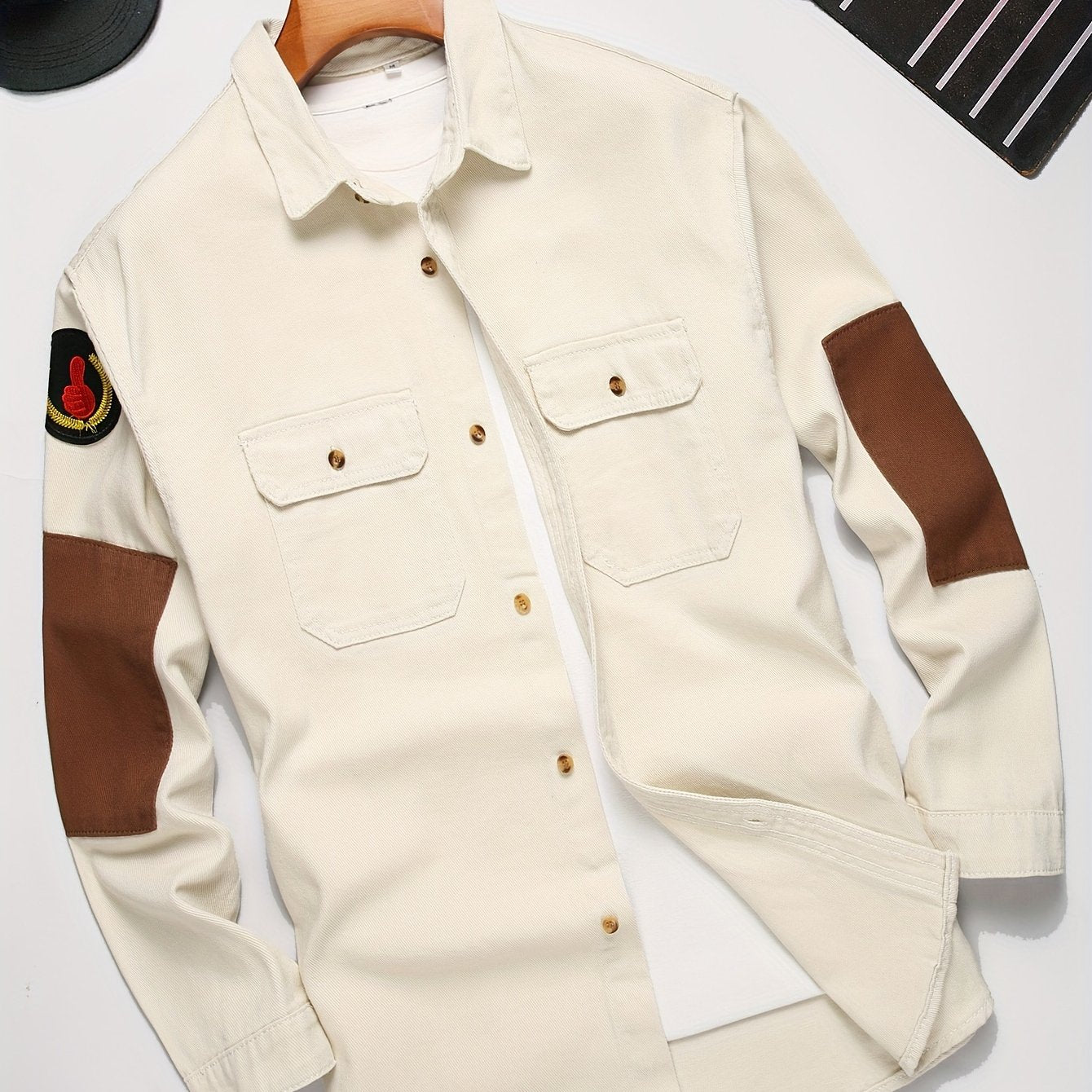 Men's Fashion Street Style Color Block Denim Shirt, Men's Stylish Comfy Denim Shirt For Spring & Autumn Wear