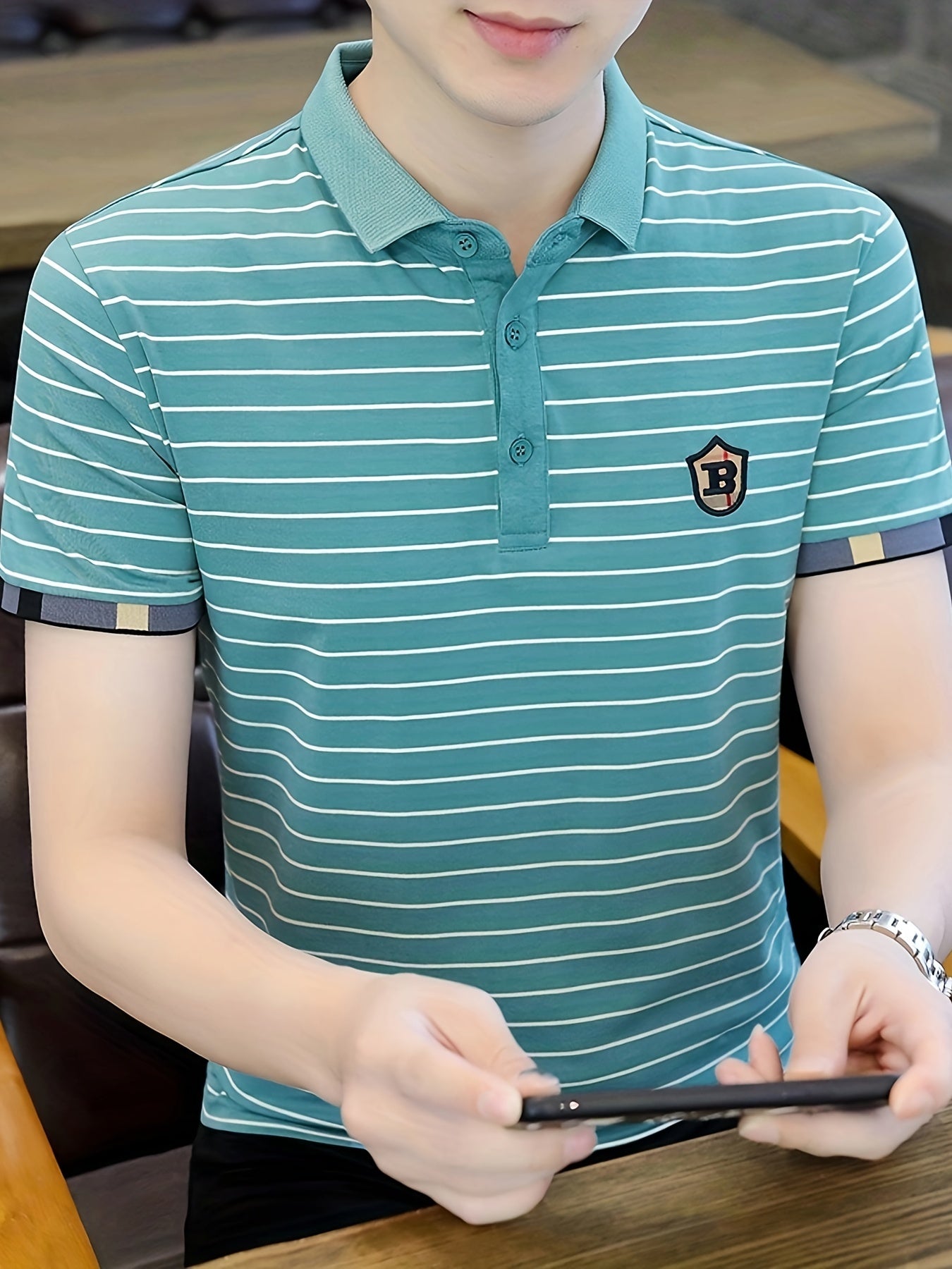 Men's Slim-Fit Black & White Striped Shirt with Golden Accent Collar & Chest Embellishment - Short Sleeve, Machine Washable, Tailored Casual & Semi-Formal Wear, Durable & Comfortable for Everyday Special Occasions, Versatile